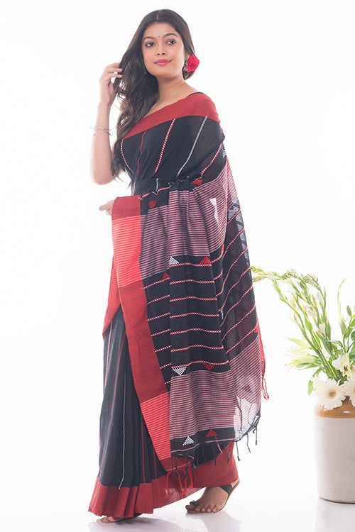 Soft Bengal Handwoven Cotton Saree - Black