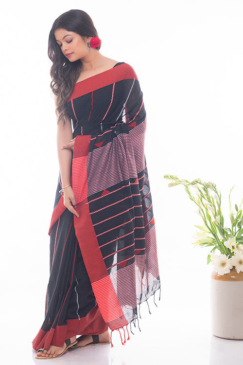 Soft Bengal Handwoven Cotton Saree - Black