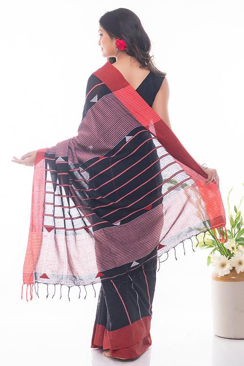 Soft Bengal Handwoven Cotton Saree - Black