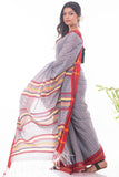 Soft Bengal Handwoven & Kantha Stitch Cotton Saree - Grey, Red & Yellow