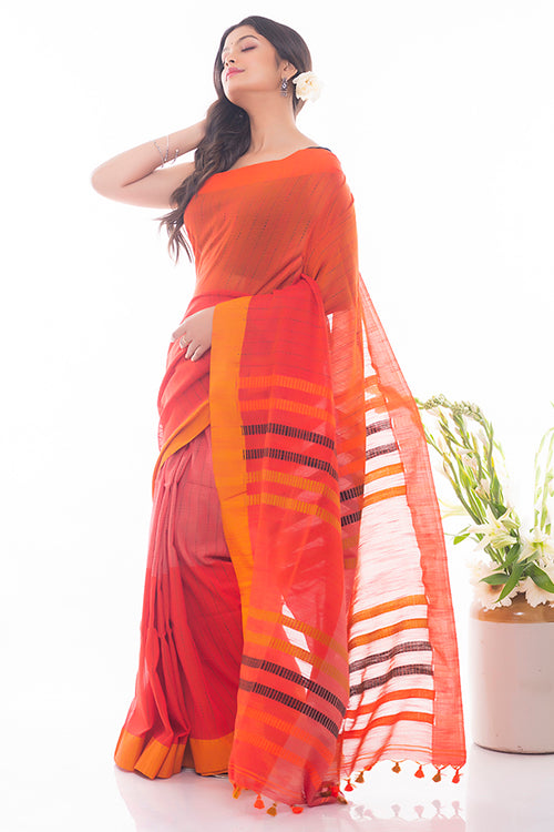 Soft Bengal Handwoven Kantha Stitch Cotton Saree - Orange & Mustard