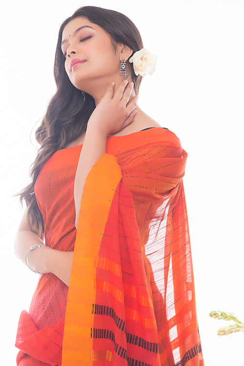 Soft Bengal Handwoven Kantha Stitch Cotton Saree - Orange & Mustard