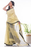 Soft Bengal Handwoven Cotton Saree - Lime Yellow & Black