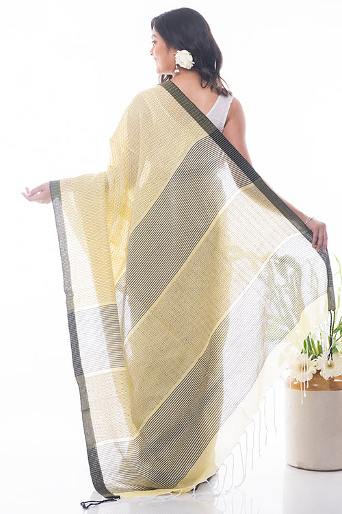 Soft Bengal Handwoven Cotton Saree - Lime Yellow & Black