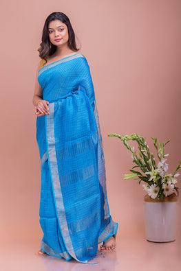 Vivid Blue & Silver Soft Bengal Handwoven Linen Silk Zari Checked Saree