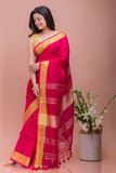 Graceful Elegance Deep Pink & Gold Soft Bengal Handwoven Linen Saree Online