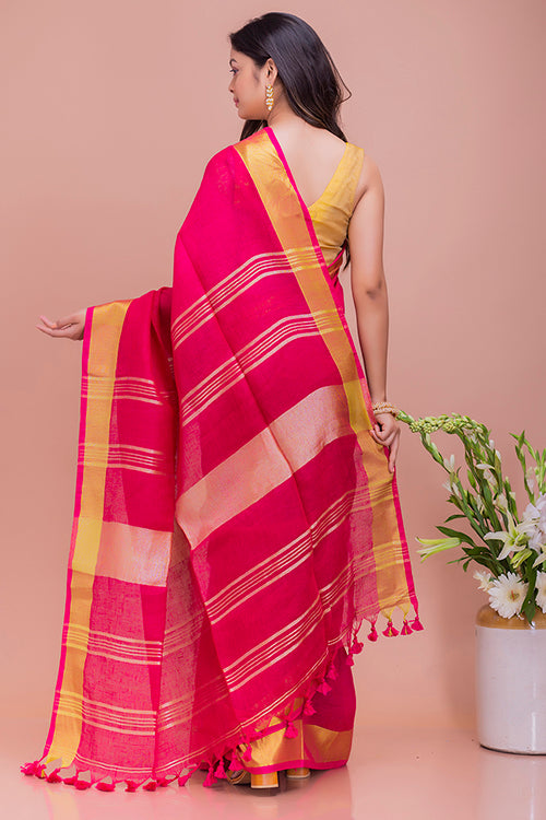 Graceful Elegance. Soft Bengal Handwoven Linen Sari - Deep Pink & Gold