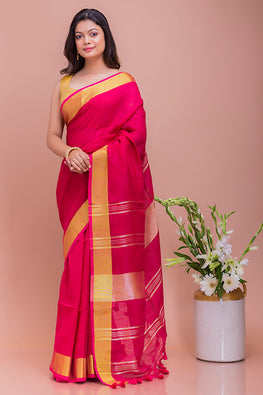Graceful Elegance Deep Pink & Gold Soft Bengal Handwoven Linen Saree Online