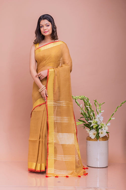 Soft Bengal Handwoven Linen Saree -  Ochre & Gold