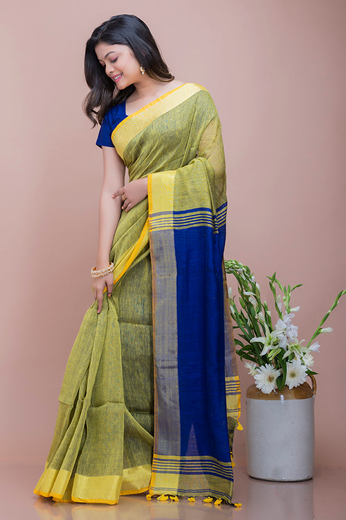 Lime & Royal Blue Soft Bengal Handwoven Linen Cotton Saree Online