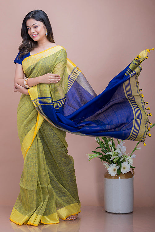 Soft Bengal Handwoven Linen Saree - Lime & Royal Blue