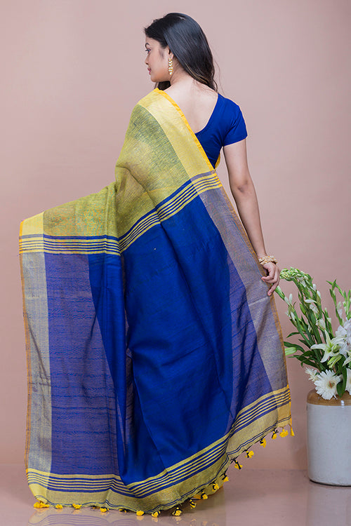 TICH Soft Bengal Handwoven Linen Saree - Lime & Royal Blue