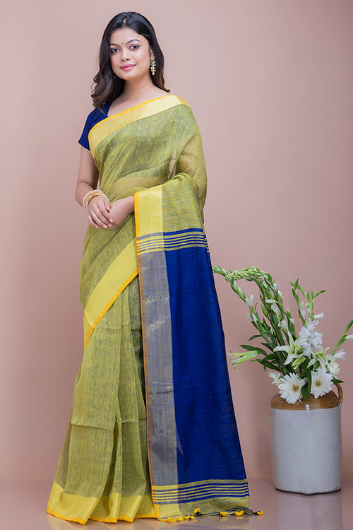 Soft Bengal Handwoven Linen Saree - Lime & Royal Blue