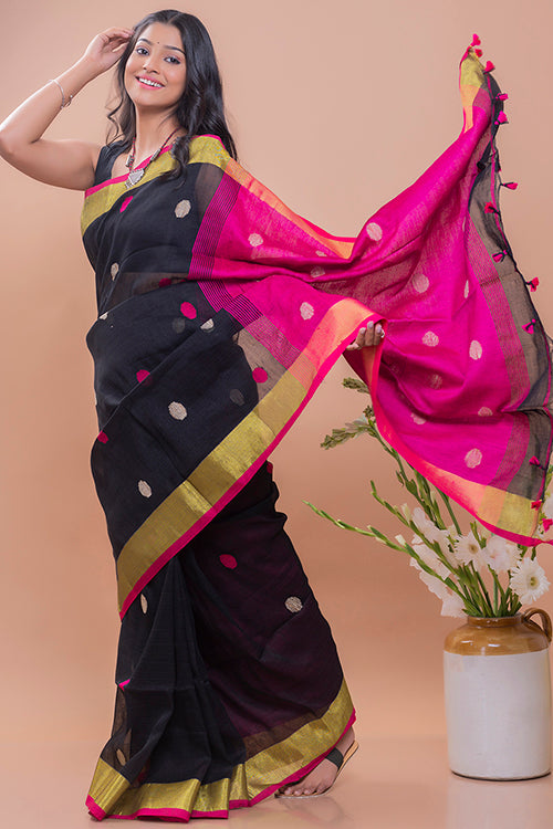 TICH Flowing & Graceful. Soft Handwoven Bengal Linen Saree - Magenta Buti