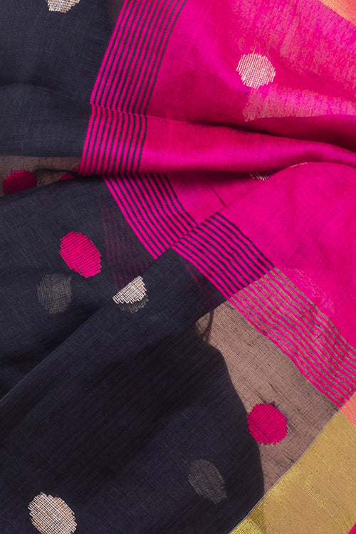 TICH Flowing & Graceful. Soft Handwoven Bengal Linen Saree - Magenta Buti