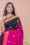 Flowing & Graceful. Soft Handwoven Bengal Linen Saree - Magenta Buti