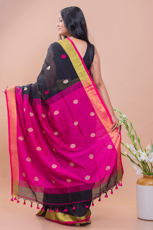 TICH Flowing & Graceful. Soft Handwoven Bengal Linen Saree - Magenta Buti