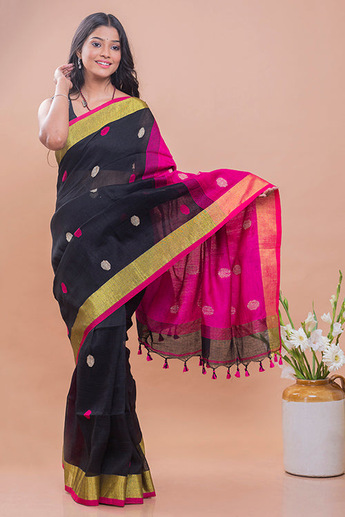  Magenta Buti Soft Handwoven Bengal Linen Saree Online