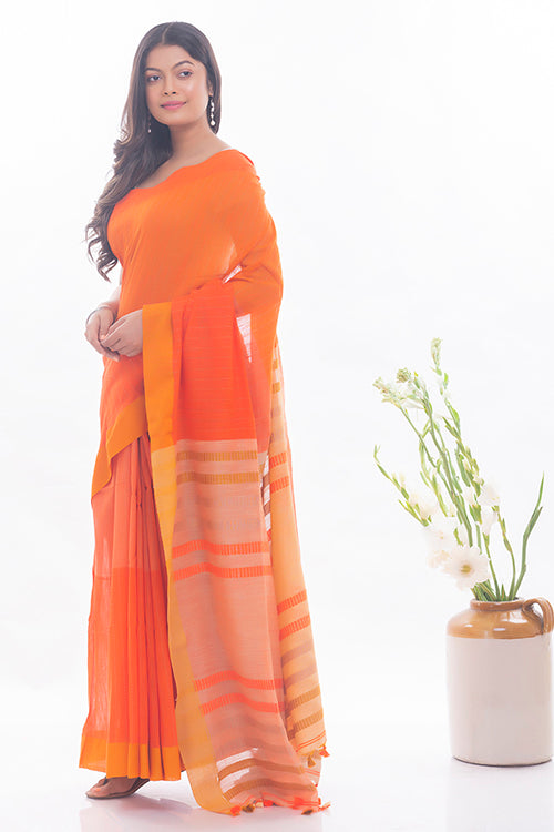 Soft Bengal Handwoven & Kantha Stitch Cotton Saree - Warm Orange