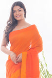 Soft Bengal Handwoven & Kantha Stitch Cotton Saree - Warm Orange