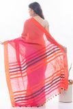 Soft Bengal Handwoven & Kantha Stitch Cotton Saree - Deep Pink & Orange