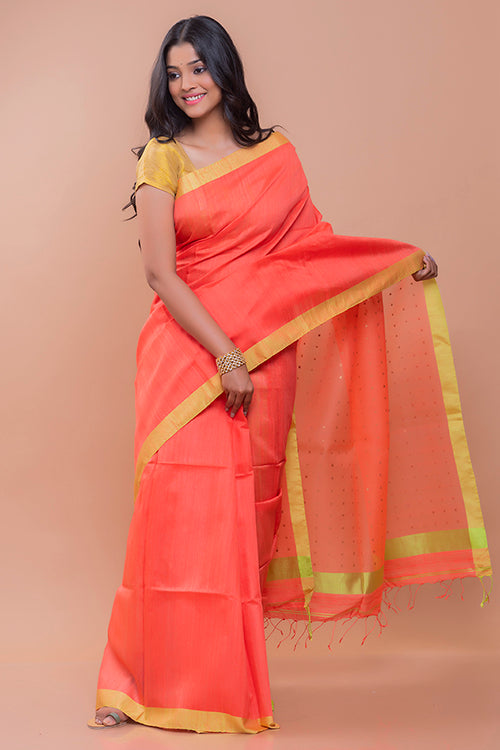 TICH Elegant Resham Matka  Bengal  Silk Saree - Peach & Lime