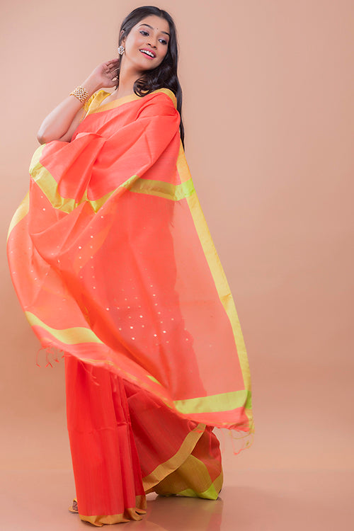 TICH Elegant Resham Matka  Bengal  Silk Saree - Peach & Lime