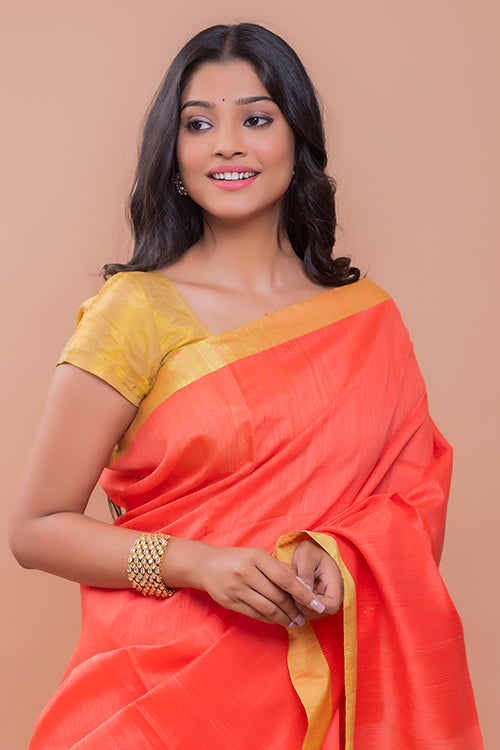 TICH Elegant Resham Matka  Bengal  Silk Saree - Peach & Lime