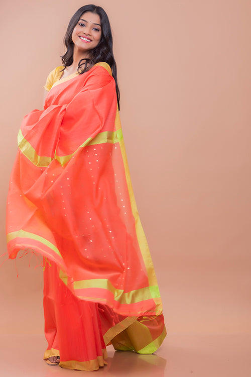 TICH Elegant Resham Matka  Bengal  Silk Saree - Peach & Lime