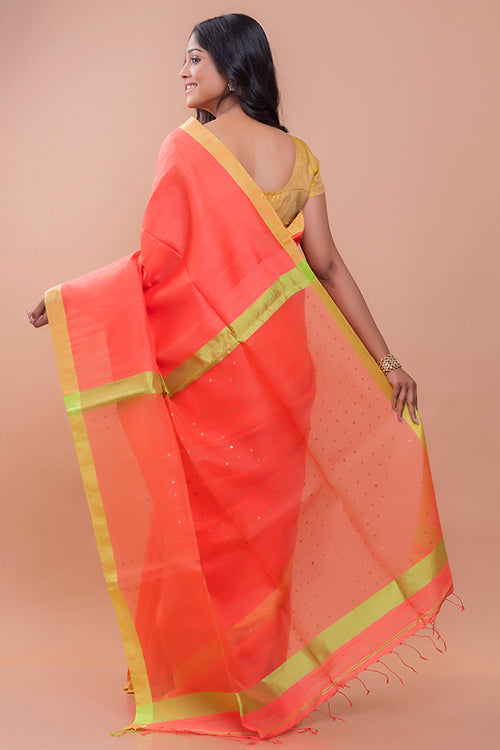 TICH Elegant Resham Matka  Bengal  Silk Saree - Peach & Lime