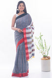 Soft Bengal Handwoven & Kantha Stitch Cotton Saree - Grey & Red
