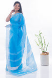 Soft Bengal Handwoven Linen Saree - Sky Blue & Silver