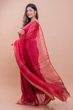 Soft Bengal Handwoven Linen Checked Saree - Red & Gold