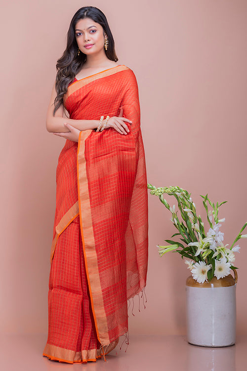 Graceful Elegance. Soft Bengal Handwoven Linen Silk Zari Sari - Deep Orange & Gold