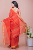 Graceful Elegance. Soft Bengal Handwoven Linen Silk Zari Sari - Deep Orange & Gold