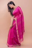 Magenta & Silver Soft Bengal Handwoven Linen Silk Zari Saree Online