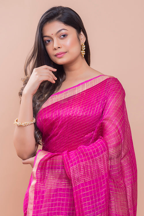 Graceful Elegance. Soft Bengal Handwoven Linen Silk Zari Sari - Magenta & Silver