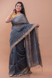 Grey & Gold Soft Bengal Handwoven Linen Silk Zari Saree Online