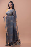 Graceful Elegance. Soft Bengal Handwoven Linen Silk Zari Sari - Grey & Gold