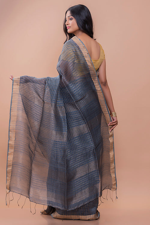 Graceful Elegance. Soft Bengal Handwoven Linen Silk Zari Sari - Grey & Gold