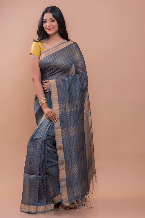 Grey & Gold Soft Bengal Handwoven Linen Silk Zari Saree Online