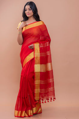 Graceful Elegance Vibrant Red & Gold Soft Bengal Handwoven Linen Saree 