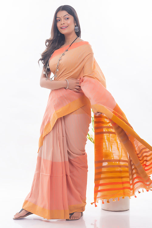 Soft Bengal Handwoven & Kantha Stitch Cotton Saree - Vibrant Orange