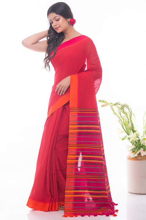 Soft Bengal Handwoven Cotton Saree - Warm Red