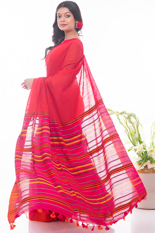 Soft Bengal Handwoven Cotton Saree - Warm Red
