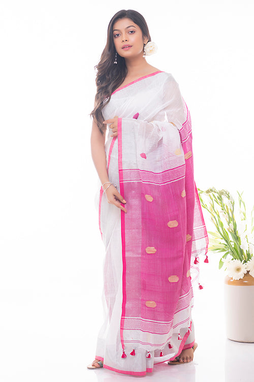  Pink Buti Soft Handwoven Bengal Linen Saree Online