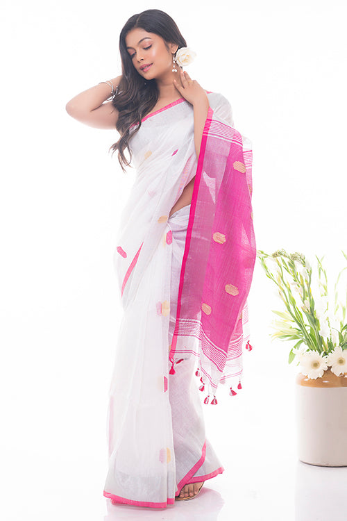  Pink Buti Soft Handwoven Bengal Linen Saree Online