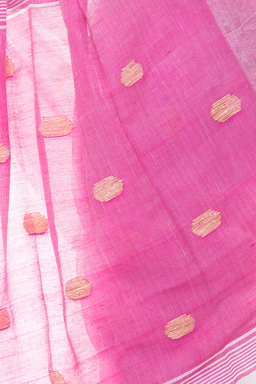 Flowing & Graceful. Soft Handwoven Bengal Linen Saree - Pink Buti