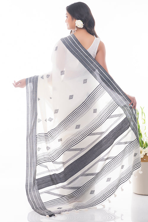 Soft Bengal Handwoven Cotton Saree - White & Grey