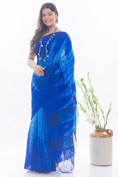 Elegant Bengal Royal Blue Handwoven Matka Silk Shibori Saree Online 